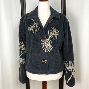 Vintage Gray Fleece Jacket, Faux Antler Buttons, Cream Floral Design, size XL